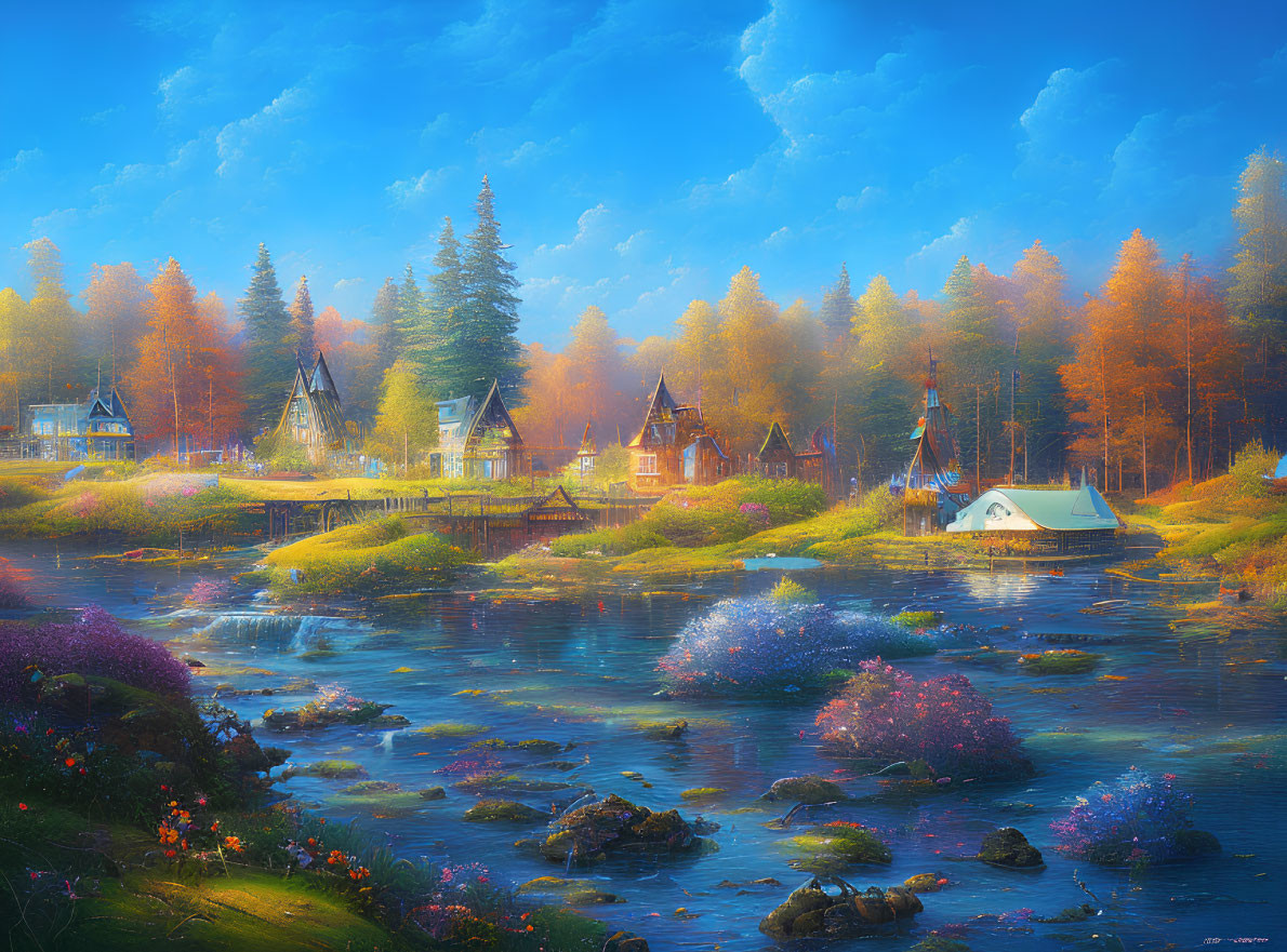 Tranquil river with vibrant flora and cozy cottages among autumn trees