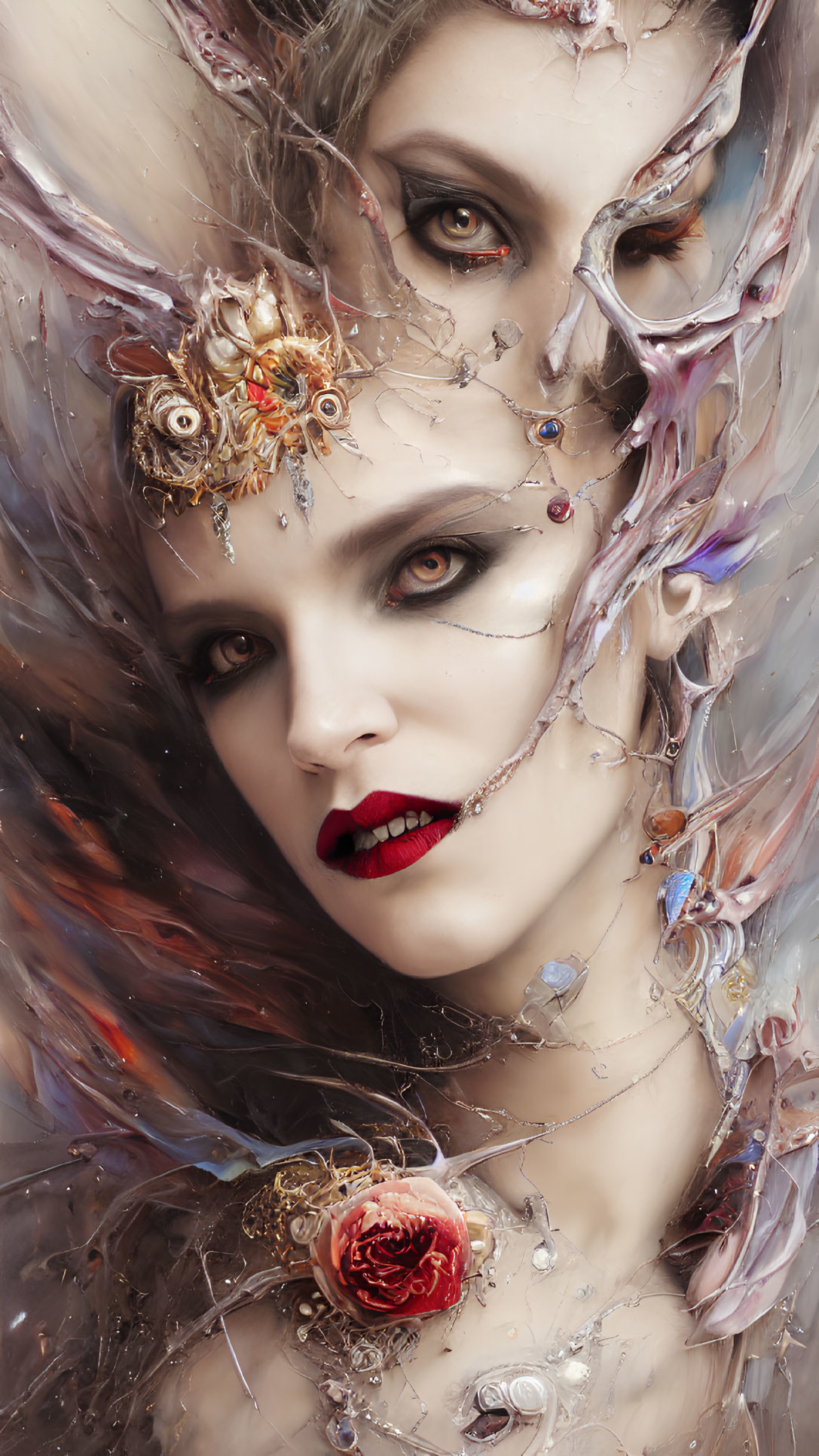 Woman with Gold Headpiece and Dramatic Makeup in Abstract Setting