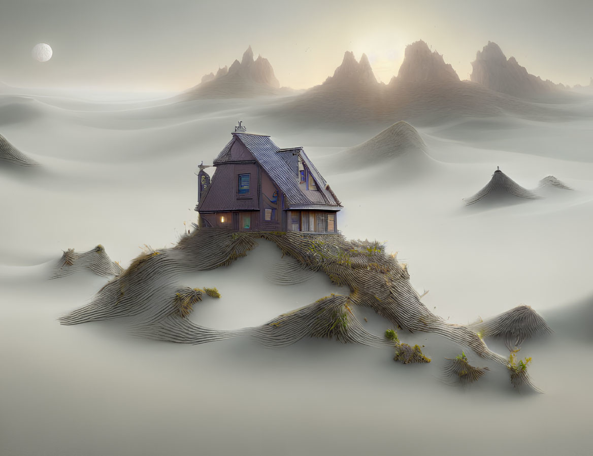 House on Sandy Hill Surrounded by Dunes, Moonlit Sky, and Mountains