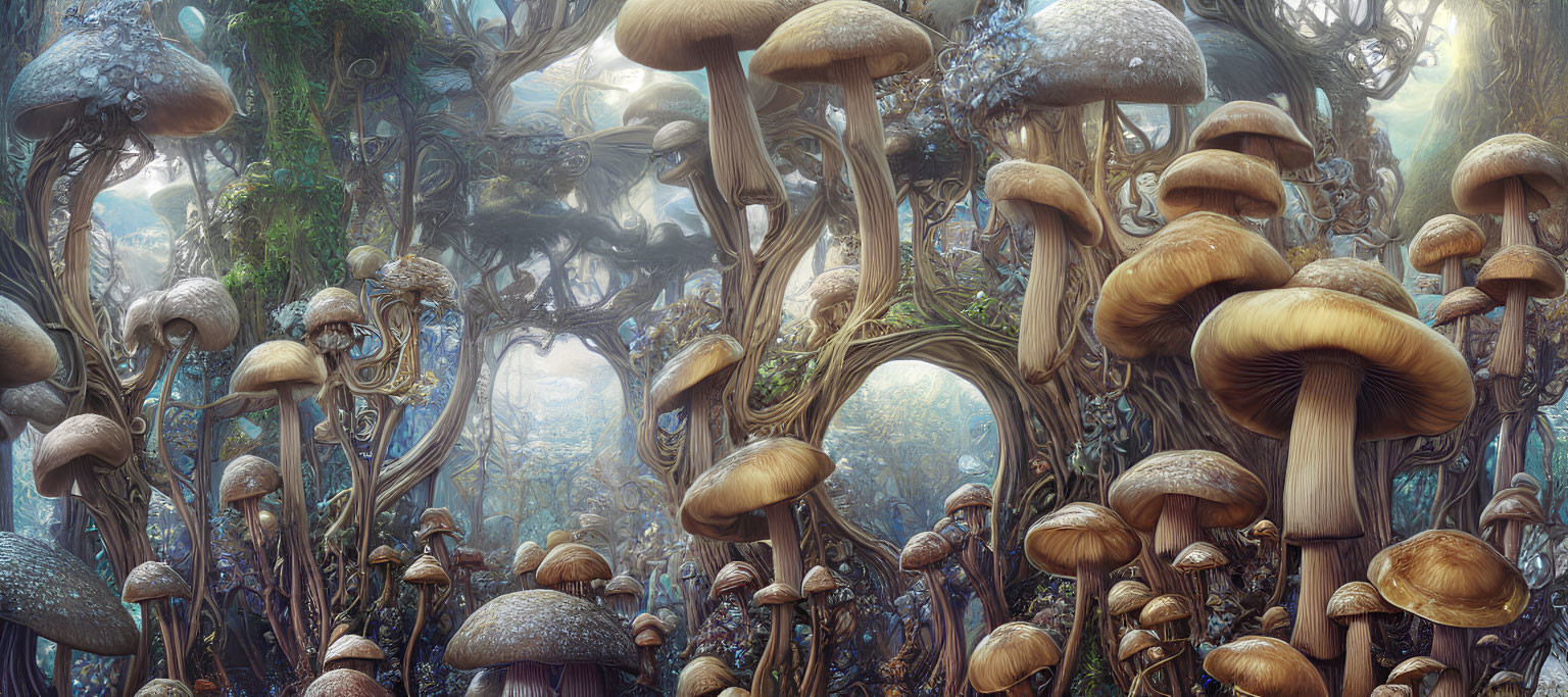 Enchanting forest scene with oversized mushrooms and twisted trees