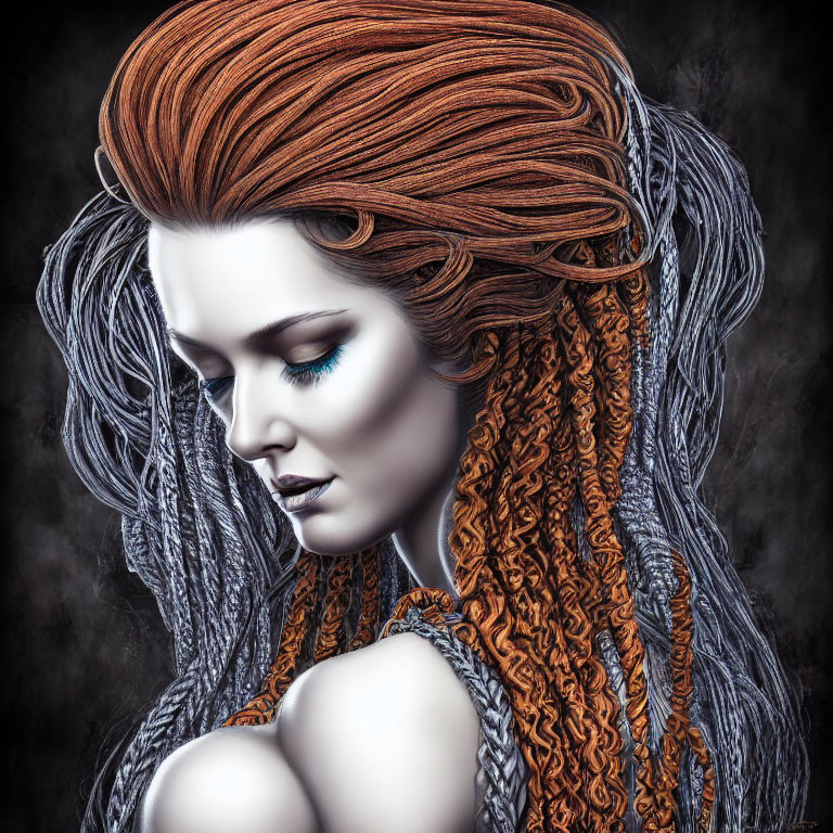 Voluminous Curly Red and Grey Hair Woman Illustration