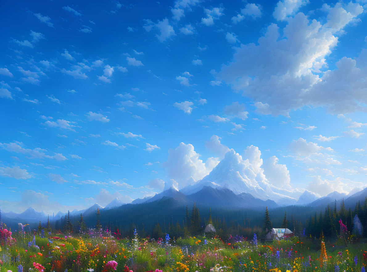 Vibrant wildflowers, cabin, and snowy mountains in scenic landscape