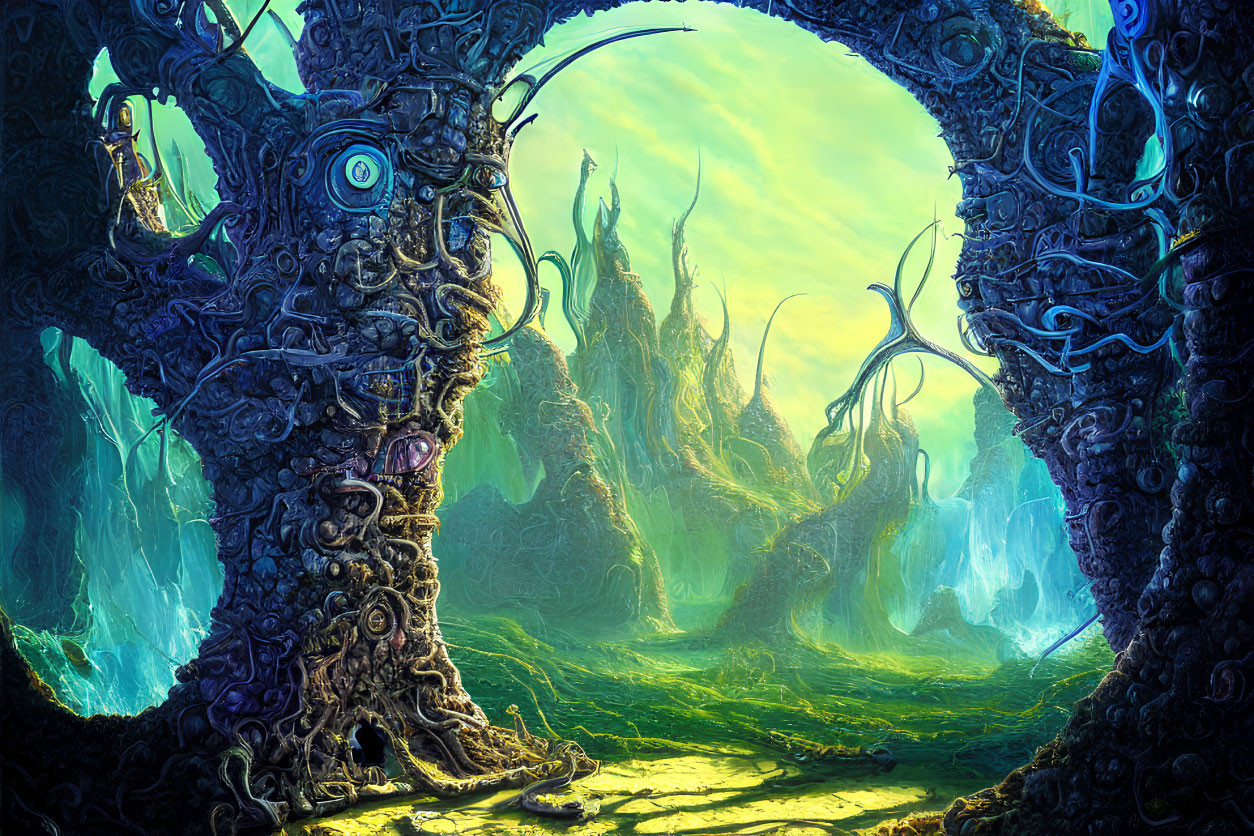 Alien trees frame archway to surreal forest with twisted vegetation