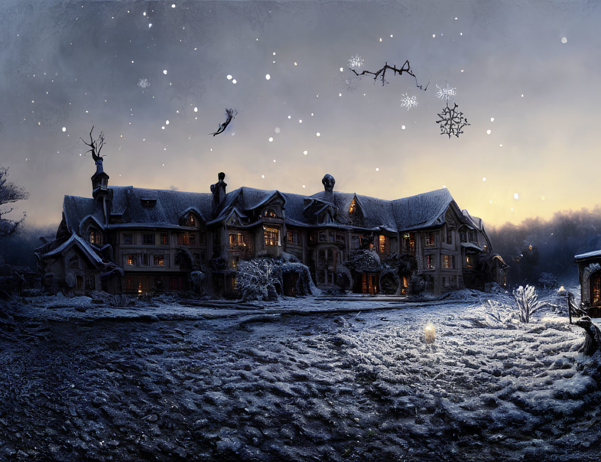 Illuminated mansion in snow under twilight sky with falling snowflakes