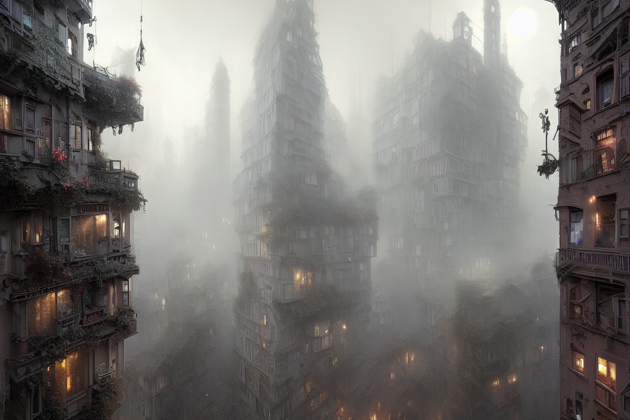 Misty cityscape with overgrown buildings and foggy background