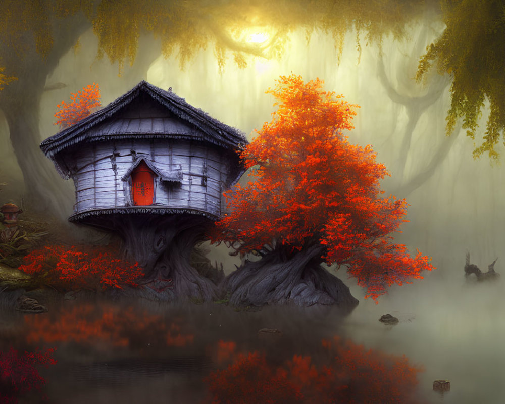 Mystical treehouse with orange foliage in enchanted forest