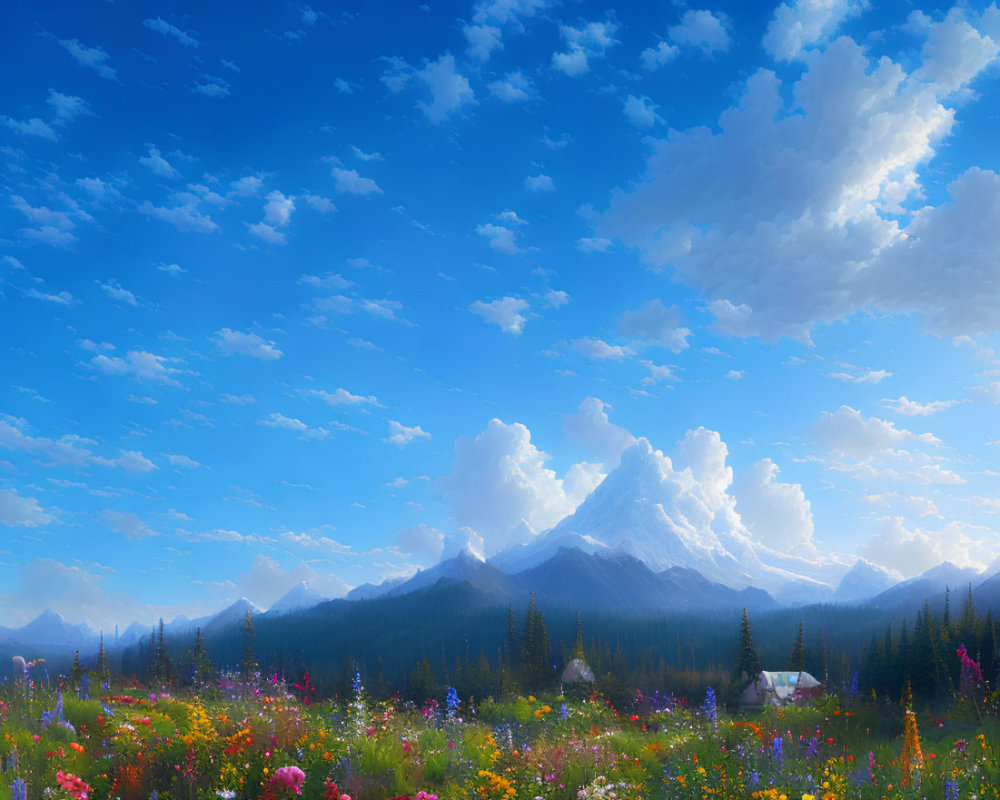 Vibrant wildflowers, cabin, and snowy mountains in scenic landscape