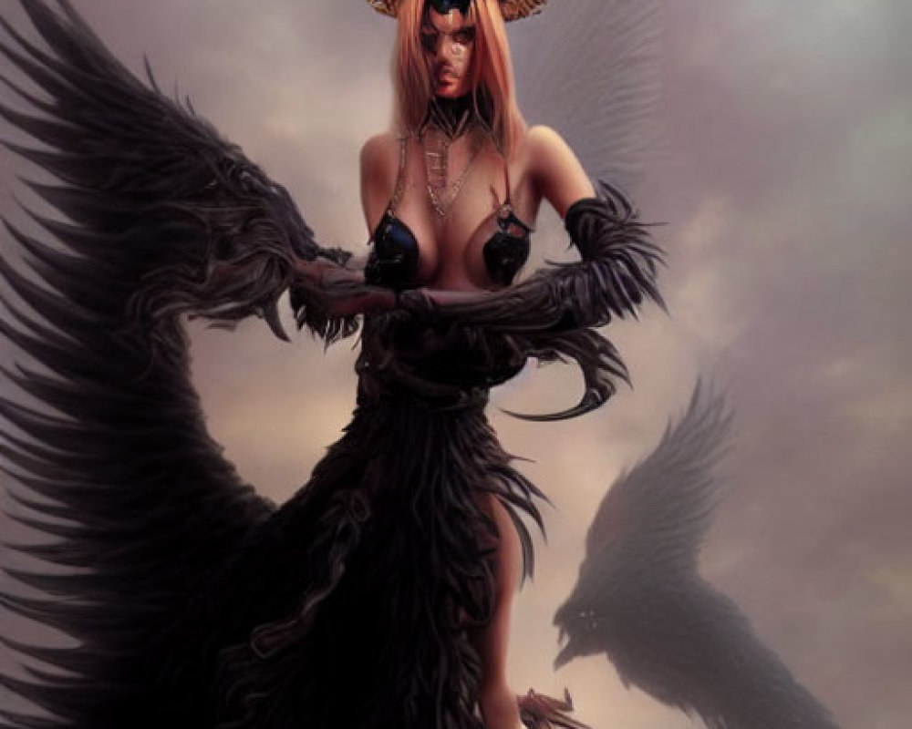 Fantasy character with horns and wings in dark atmospheric scene