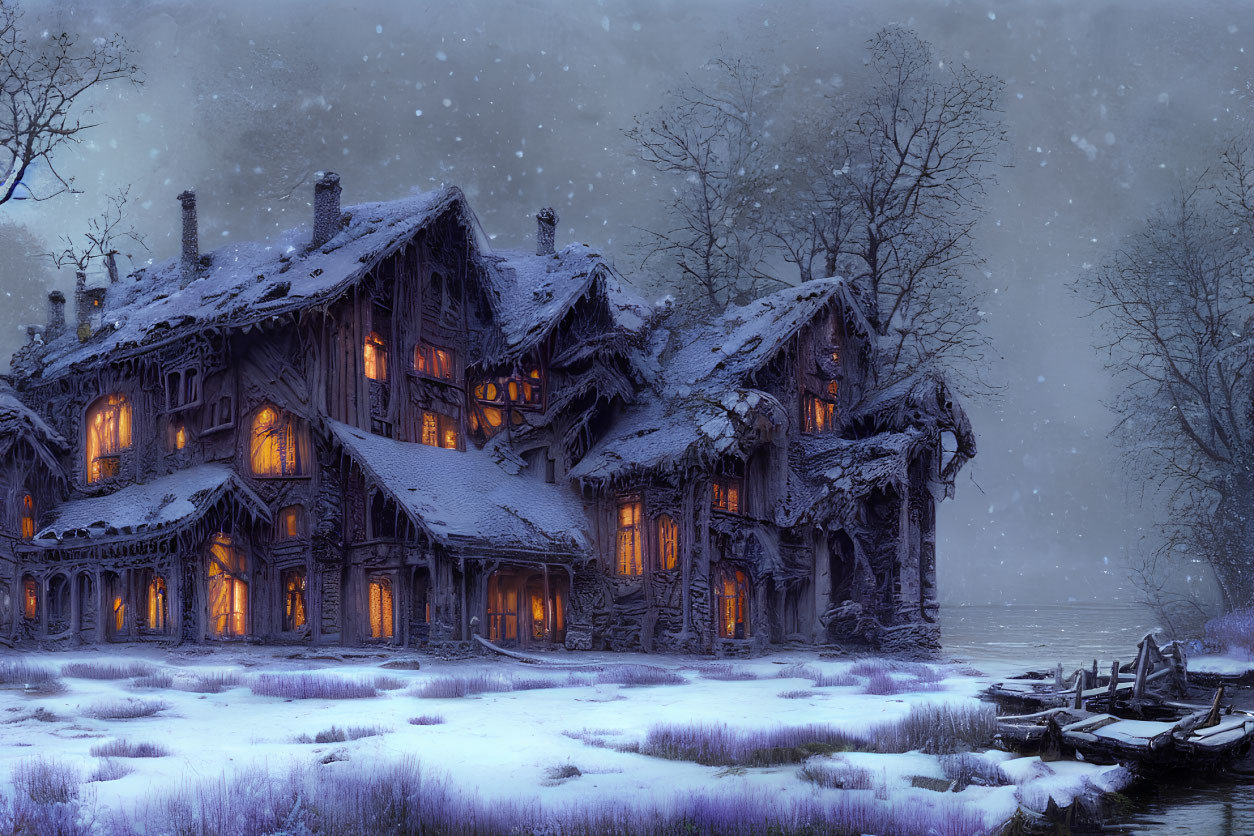 Rustic wooden house in snowy twilight landscape with glowing windows