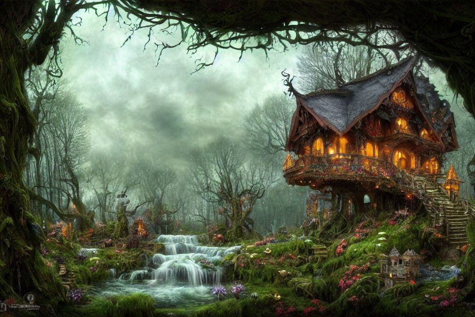 Enchanted forest cottage with cascading stream & mist