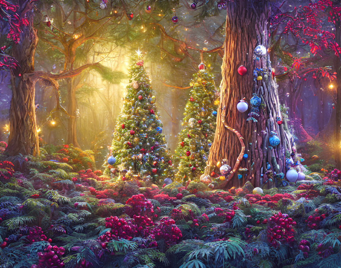 Sunlit enchanted forest with Christmas trees and colorful ornaments.