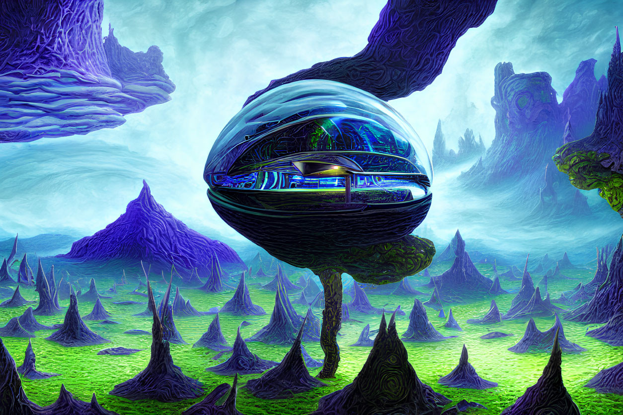 Futuristic hovercraft over alien landscape with spiky formations