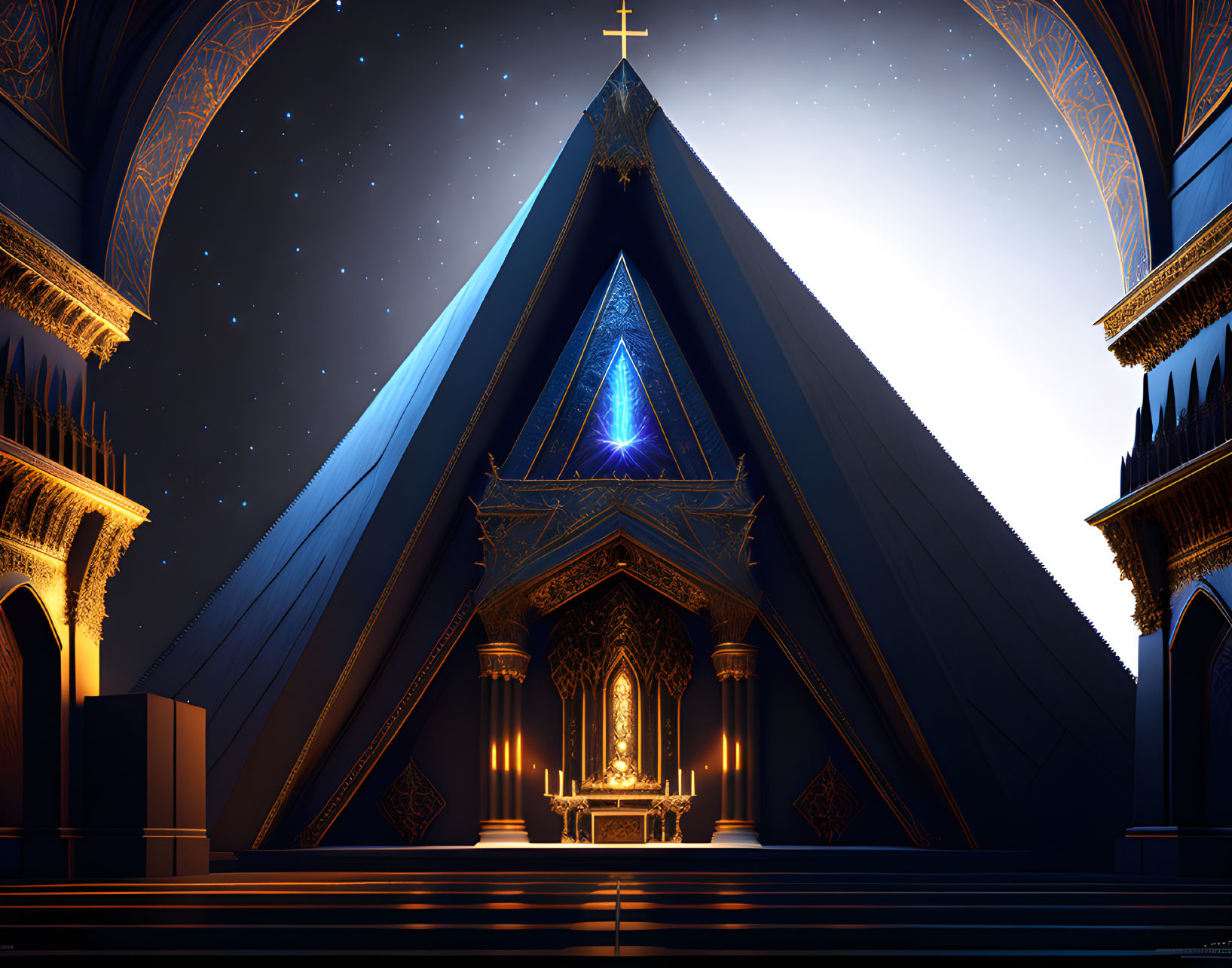 Ethereal digital art: Gothic cathedral interior with radiant blue light