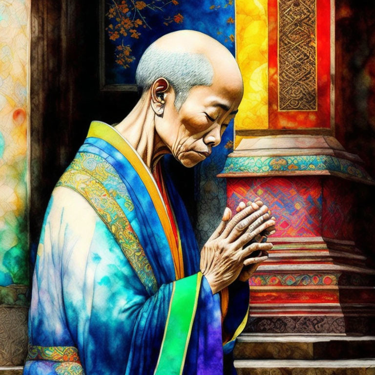 Serene monk in colorful robes praying in front of ornate temple architecture