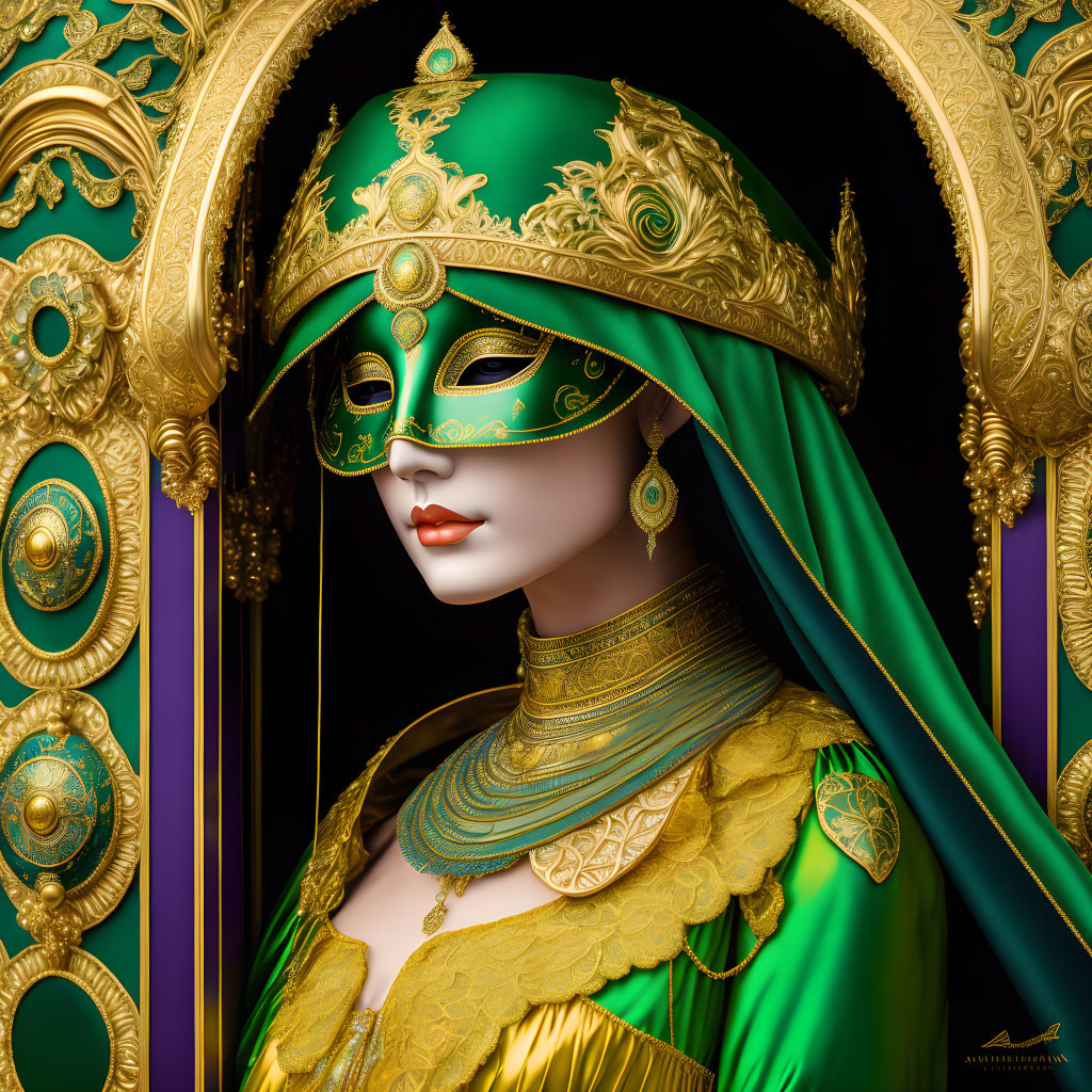 Mannequin in Green and Gold Venetian Costume with Elaborate Mask