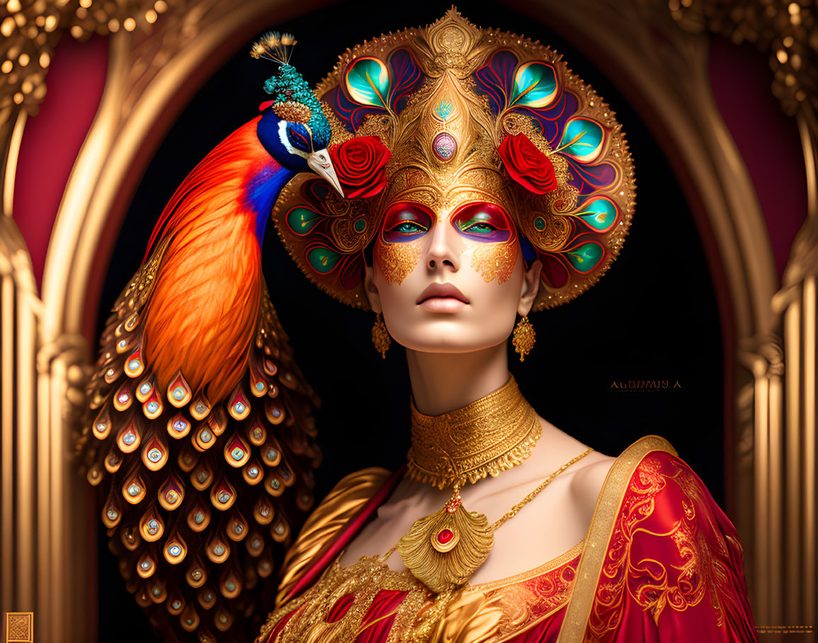 Regal woman in peacock feathers and golden jewelry on red background