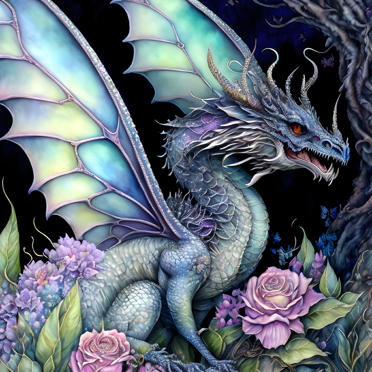 Detailed illustration: Majestic dragon with iridescent wings among vibrant flowers and dark foliage