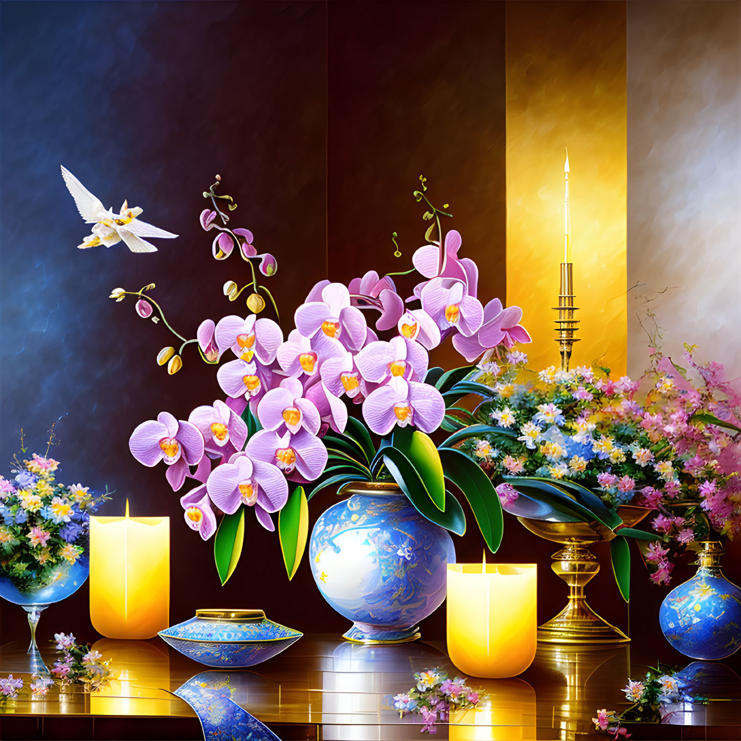 Colorful still life with pink orchids, candles, dove, and flowers on striped background