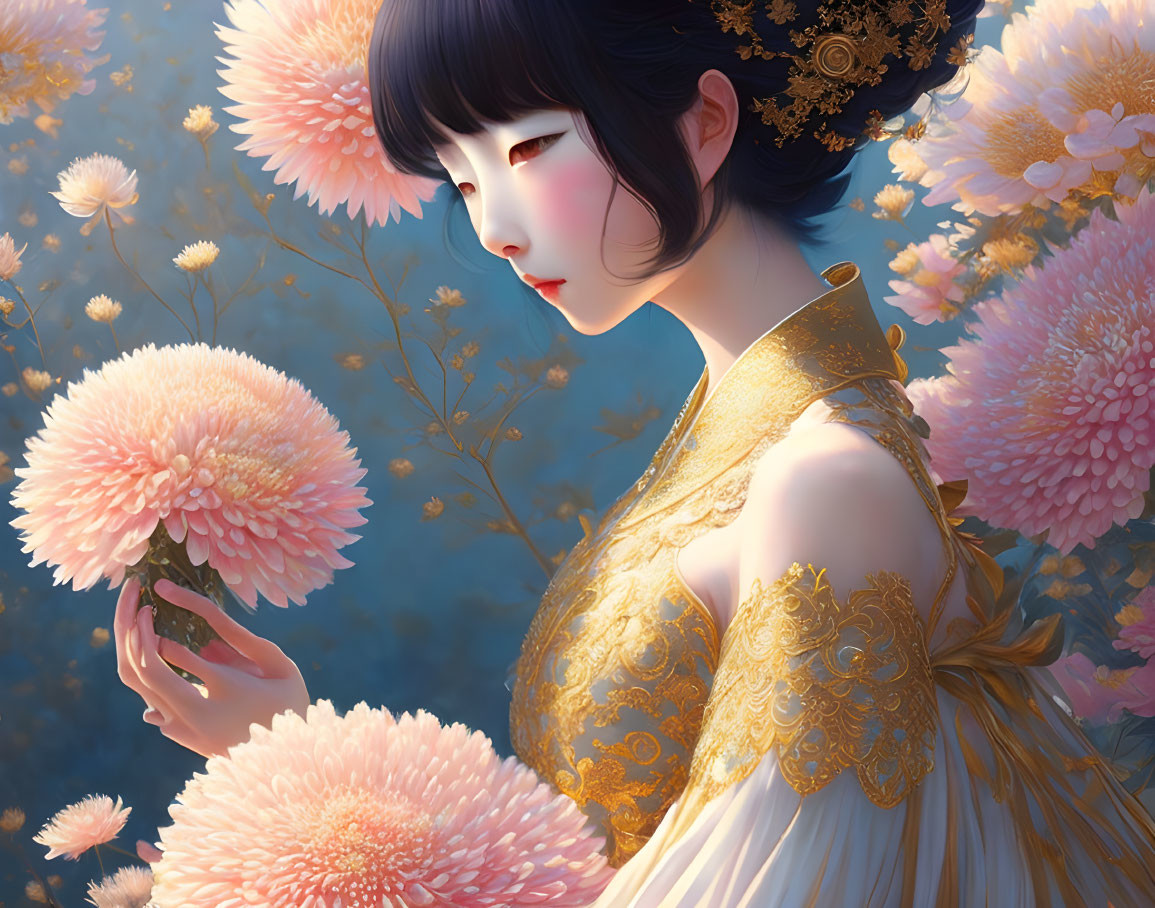 Woman in golden dress with pink flower in anime-style illustration