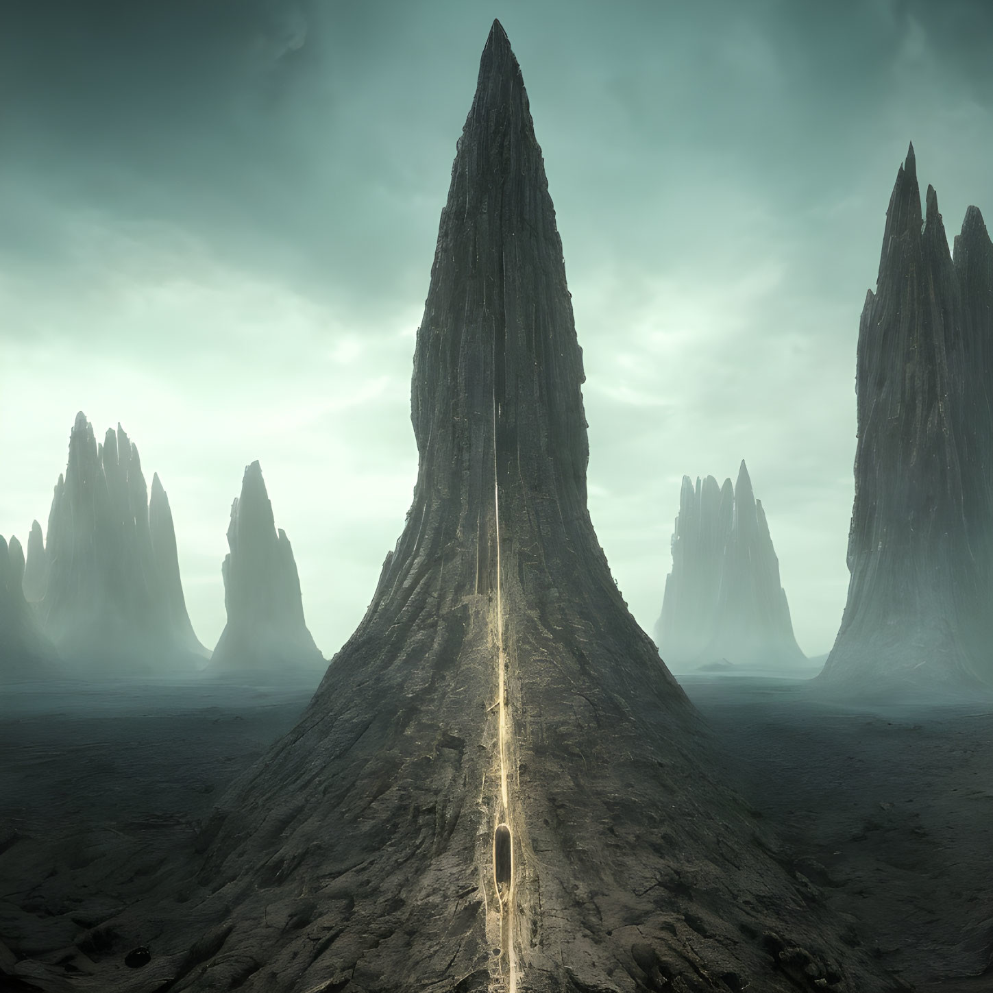 Desolate landscape with dark spires, monolith, and illuminated path