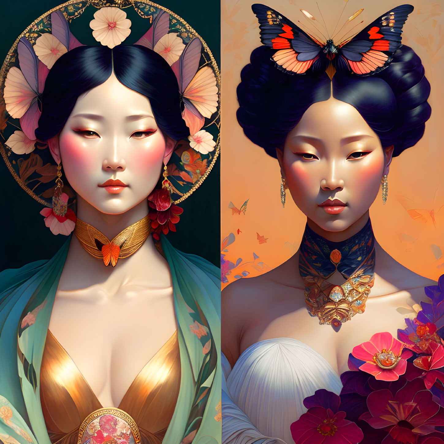 Stylized digital artwork: Two women with butterfly headdress in warm tones