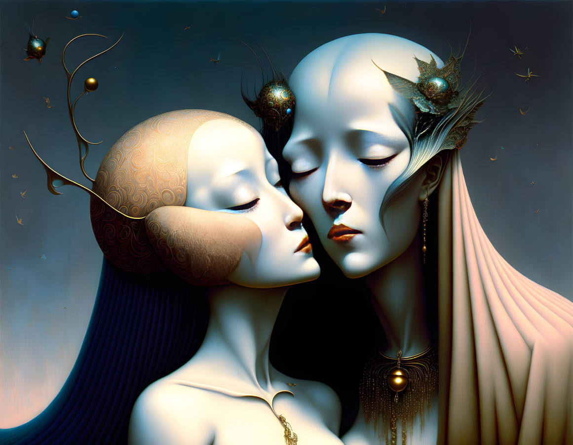 Surreal feminine figures in ornate headpieces share a tender moment