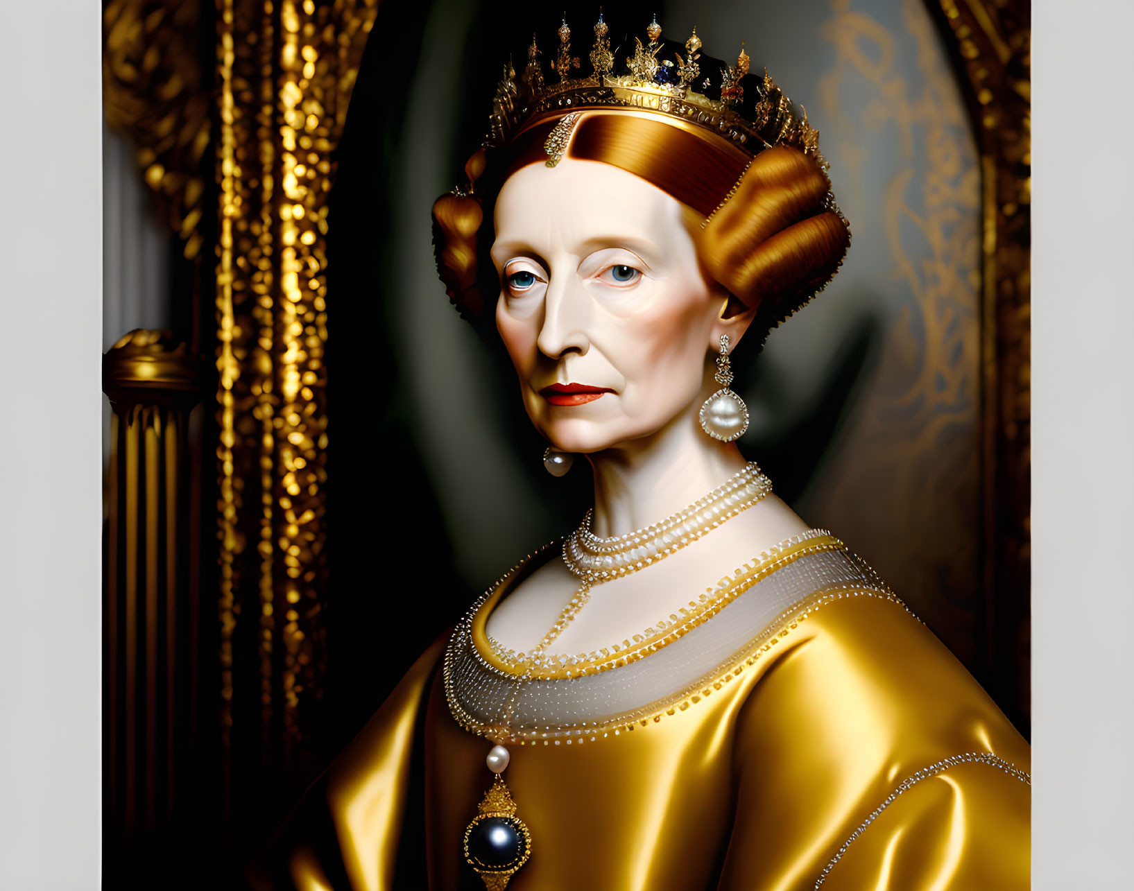 Realistic 3D rendering of a queen in royal attire with pearl necklace, golden crown, and