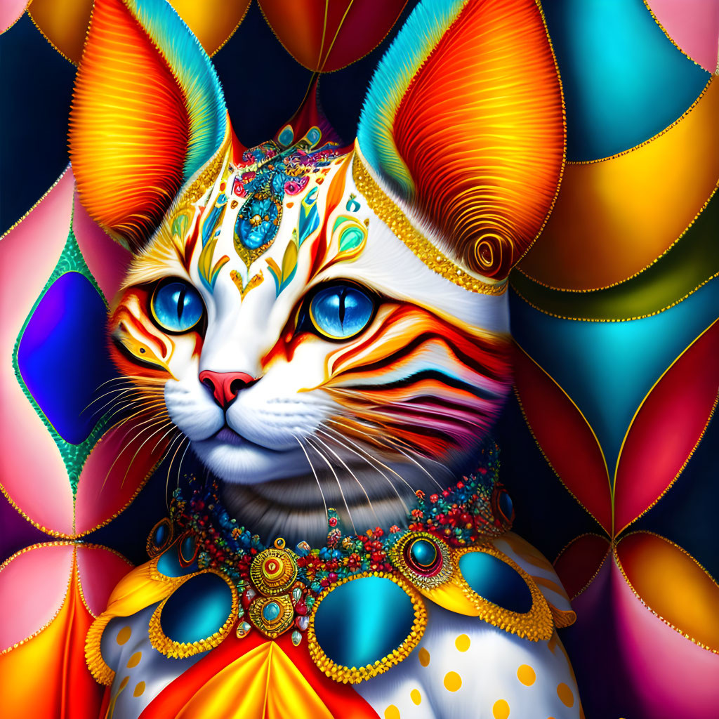 Colorful Cat Artwork with Intricate Patterns and Jewels on Abstract Background