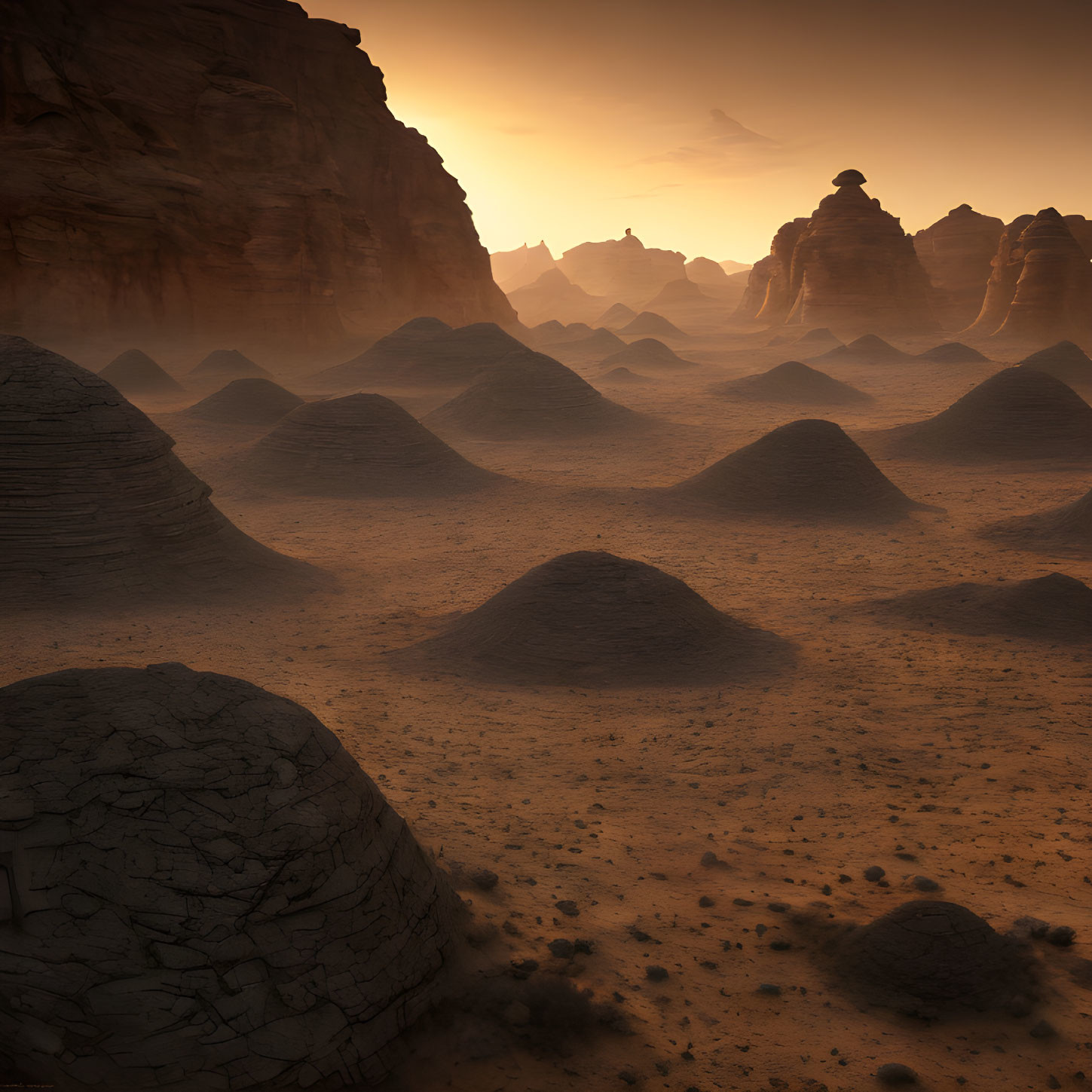 Sunset desert landscape with cone-shaped rock formations and cliffs under orange sky