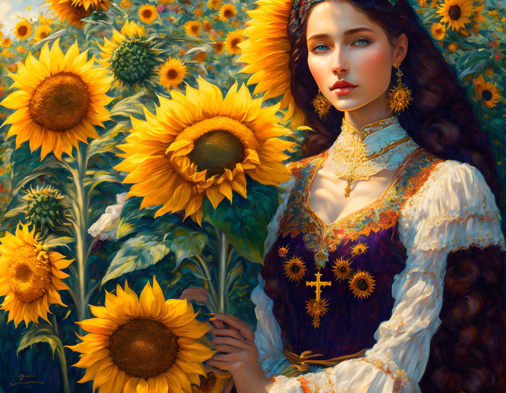 Woman in vintage dress surrounded by vibrant sunflowers and floral patterns