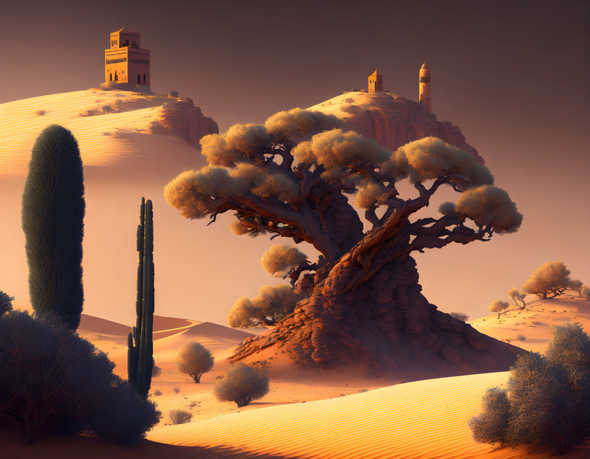 Fantasy desert landscape with twisting tree, cactus, and ancient towers under warm sky