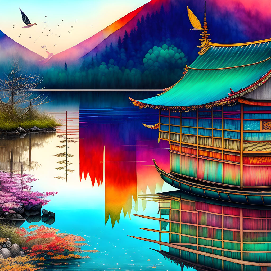 Illustration of Traditional Japanese Temple by Calm Lake at Twilight