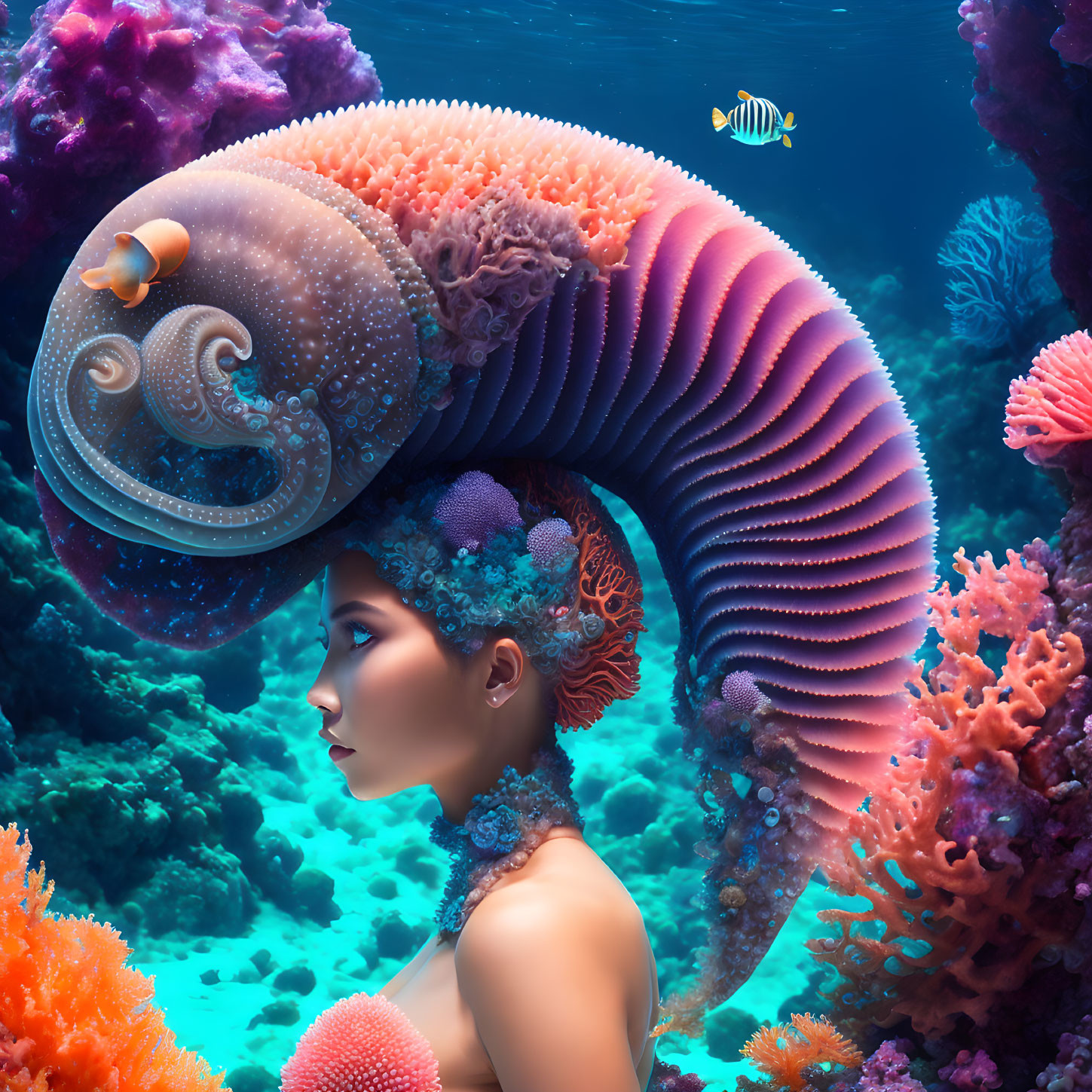 Woman with Vibrant Coral Headdress in Underwater Scene