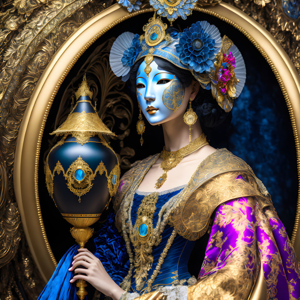 Person in Blue and Gold Costume with Mask and Headdress Holding Vase in Decorative Oval Frame