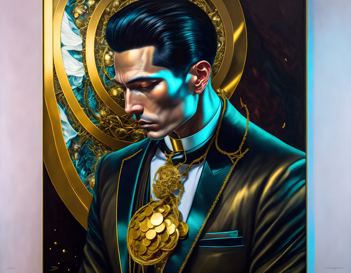 Hyperrealistic painting of man in sharp suit with slicked-back hair and gold chains on golden halo