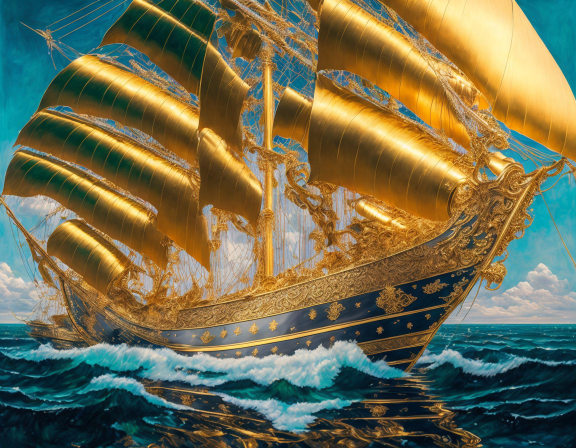 Golden Ornate Sailing Ship on Blue Ocean with Waves