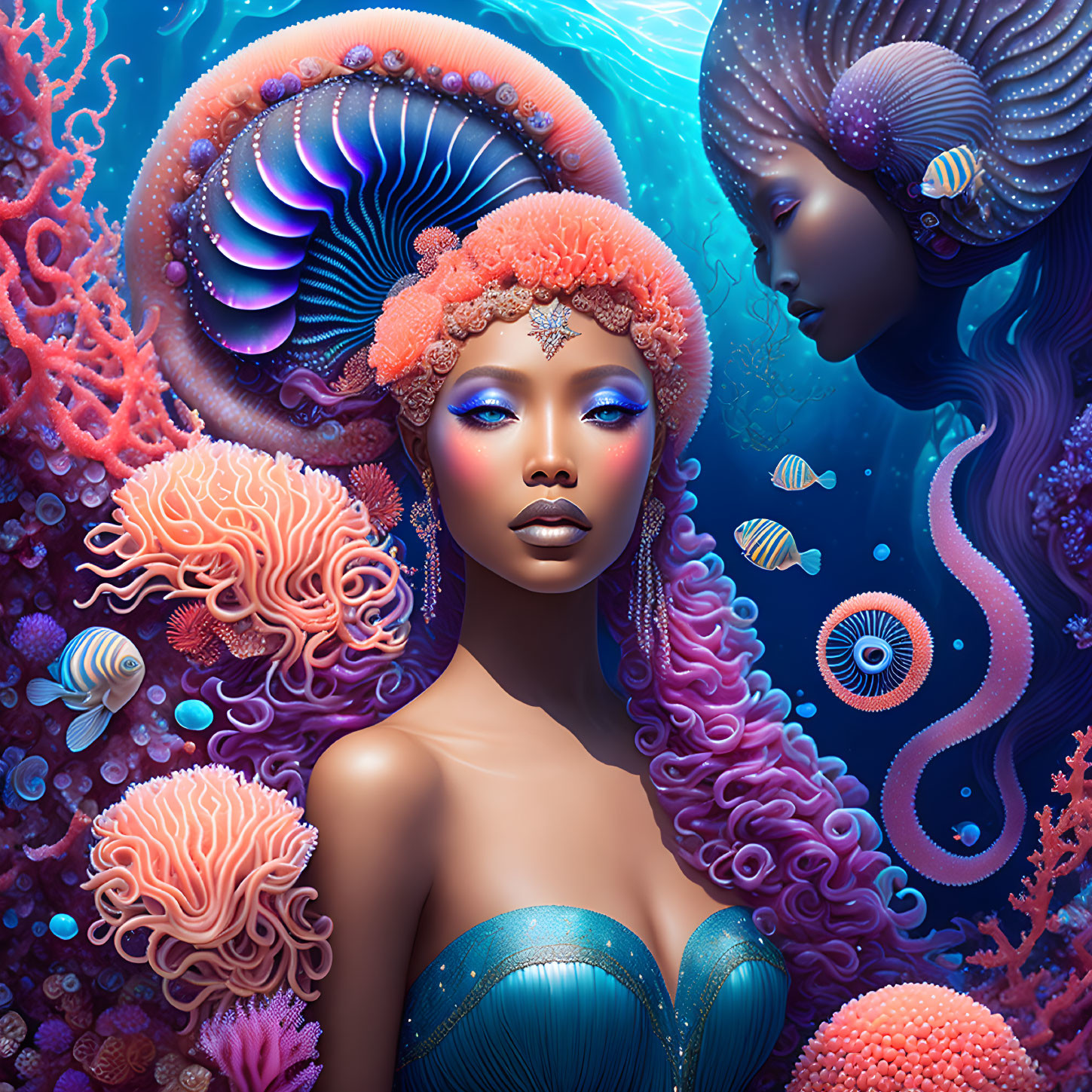 Stylized women with coral-like hair in vibrant underwater seascape