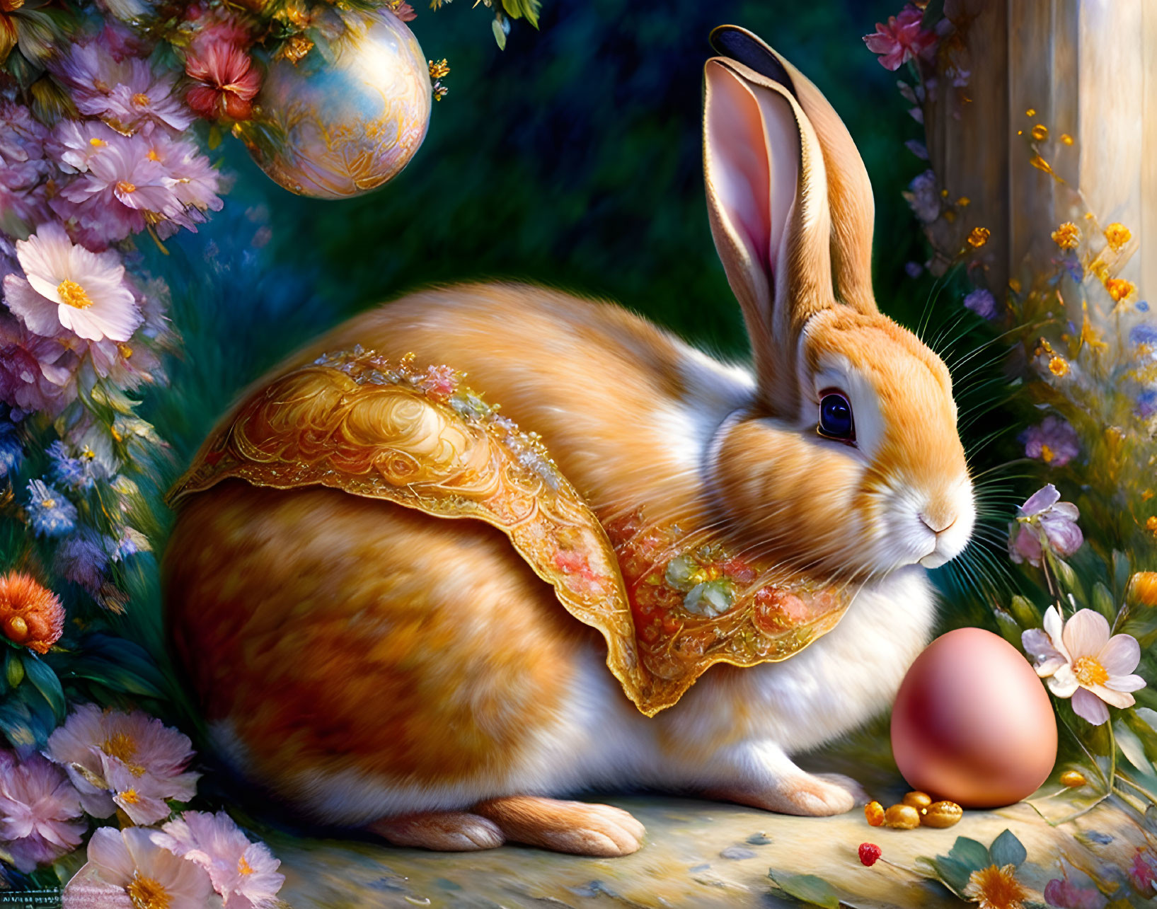 Golden-patterned rabbit and egg in lush garden setting with bauble