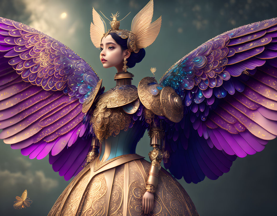 Regal woman with colorful wings and golden armor in cloudy sky