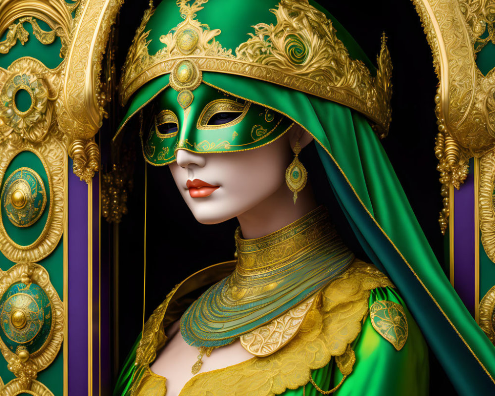 Mannequin in Green and Gold Venetian Costume with Elaborate Mask