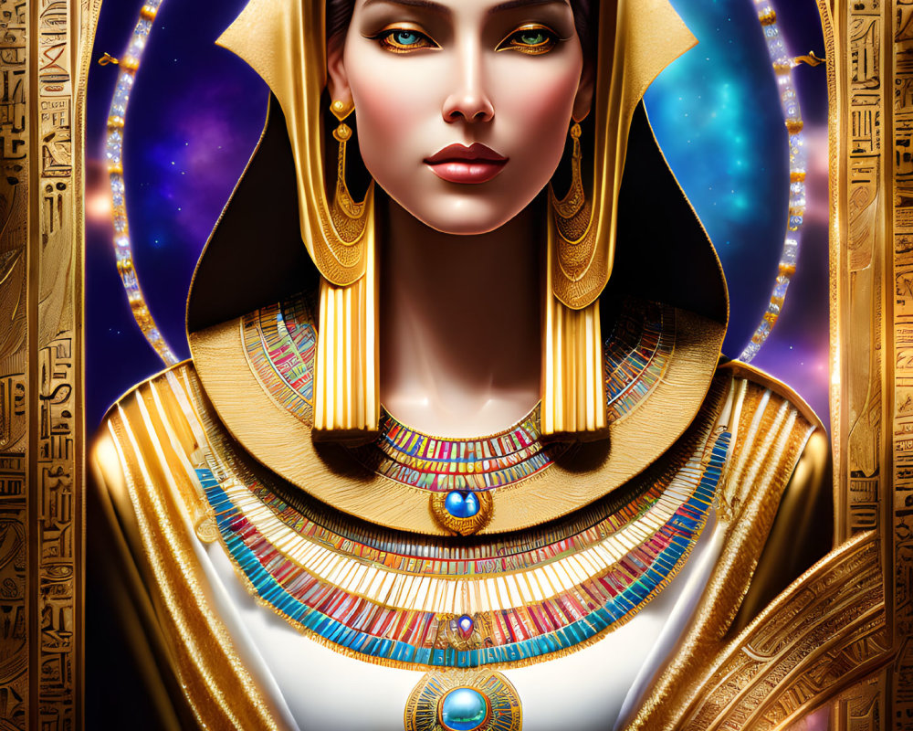 Stylized portrait of woman with ancient Egyptian royal attire and cosmic motifs