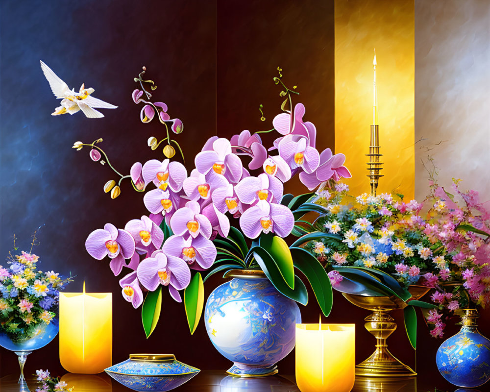 Colorful still life with pink orchids, candles, dove, and flowers on striped background