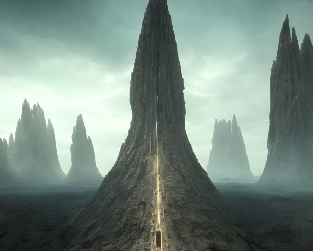 Desolate landscape with dark spires, monolith, and illuminated path