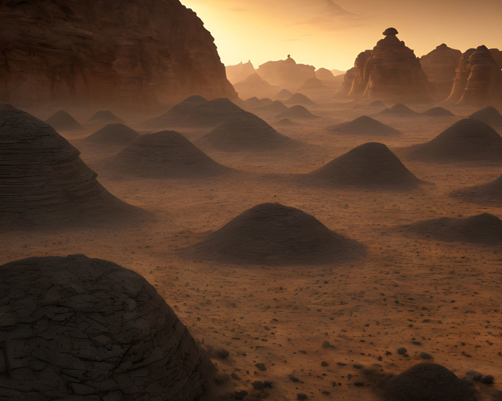 Sunset desert landscape with cone-shaped rock formations and cliffs under orange sky