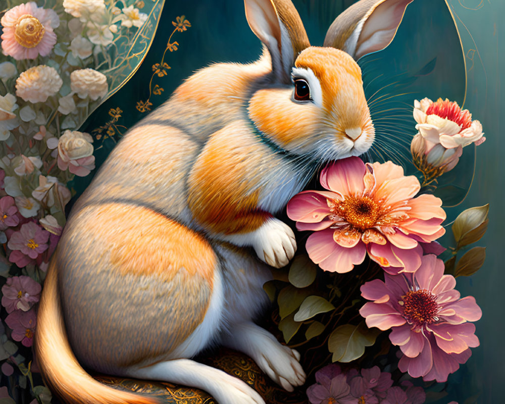 Illustrated rabbit with flowers on dark background, ornate details and soft glow.