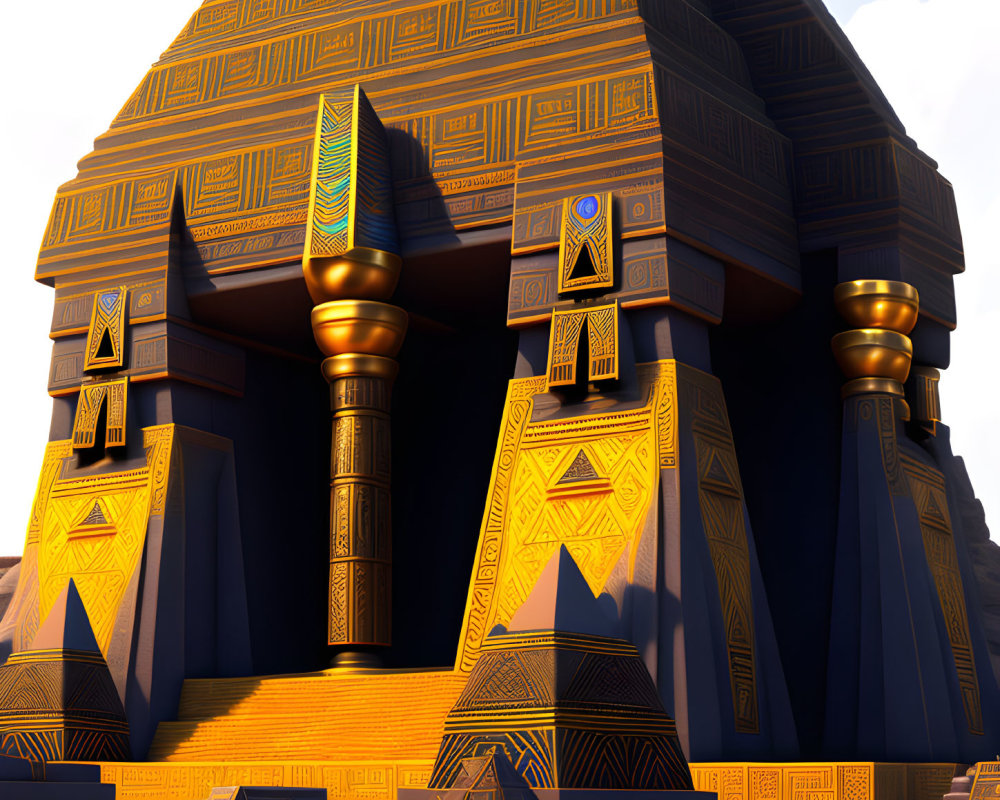 Digital illustration of Egyptian-like temple with ornate columns & hieroglyph patterns in warm ambiance