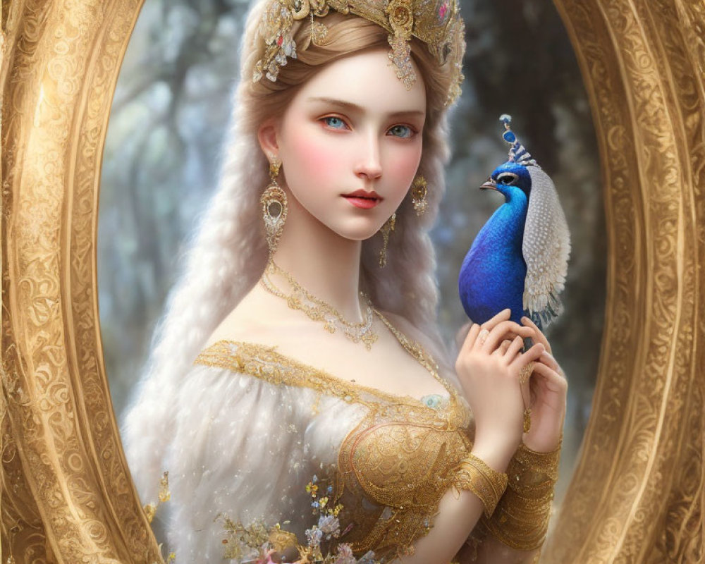 Regal woman in golden gown with peacock in ornate oval portrait