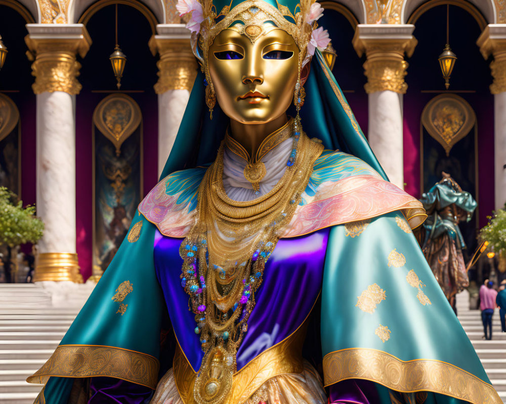 Regal figure in gold mask and luxurious robes with palace backdrop