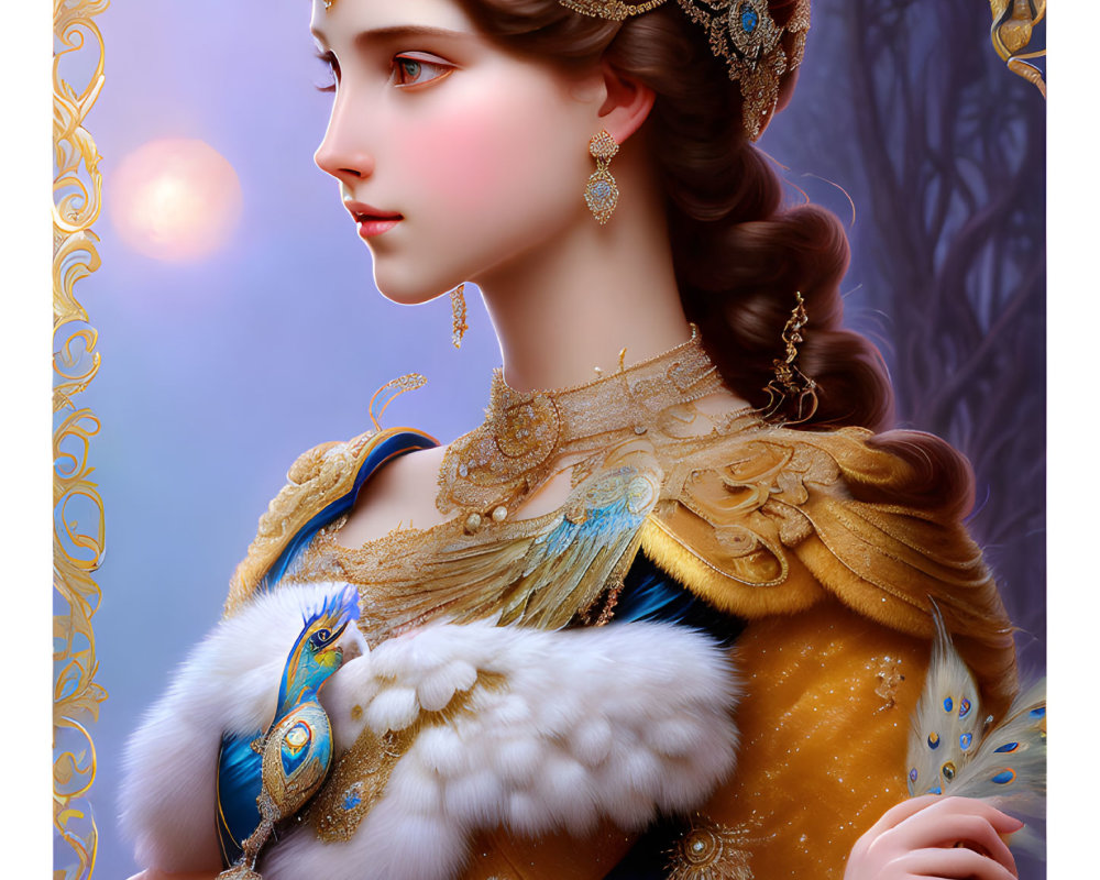 Elegant woman in golden headpiece and blue dress portrait