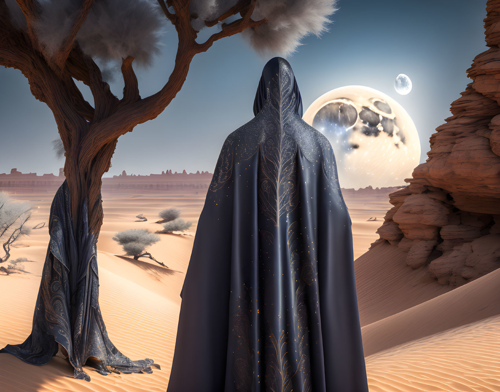 Cloaked figure in desert landscape with large moon and planets at dusk